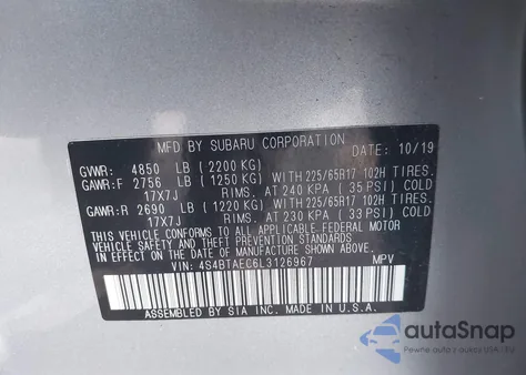 2020 Subaru Outback Premium z USA, uszkodzony, nr VIN 4S4BTAEC6L3126967